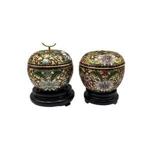 Pair of Vintage Chinese Floral Cloisonné Enamel Metal Apple w/ Stand Trinket Box
